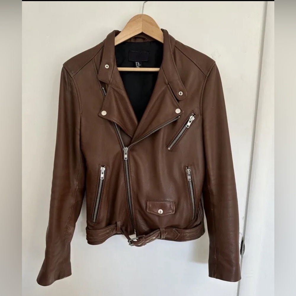 H&M PREMIUM EDITION leather biker jacket in brown calf
